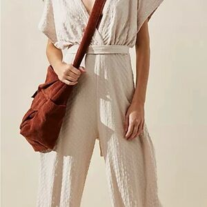 Free People Beach Cream Wrap-Front Wide-Leg Jumpsuit